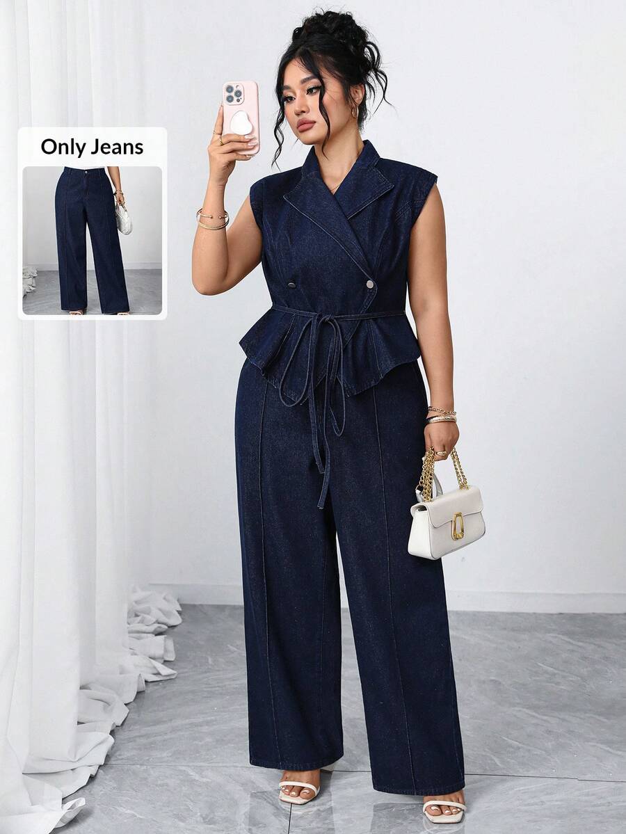 Elenzga Plus Size Women Elegant Comfortable Dark Blue Non-Stretch Flare Jeans - Dark Wash - View 1