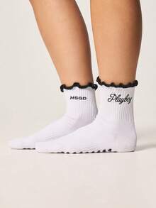 Missguided x Playboy 3 Pack Ribbed Ankle Socks With Ruffle Trim And Brand Logo Embroidery For Casual Everyday Wear - Multicolor - View 2