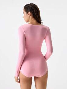 1pc Women's Black Seamless Crew Neck Long Sleeve Shapewear, Full Coverage Comfortable Jumpsuit - Pink - View 2