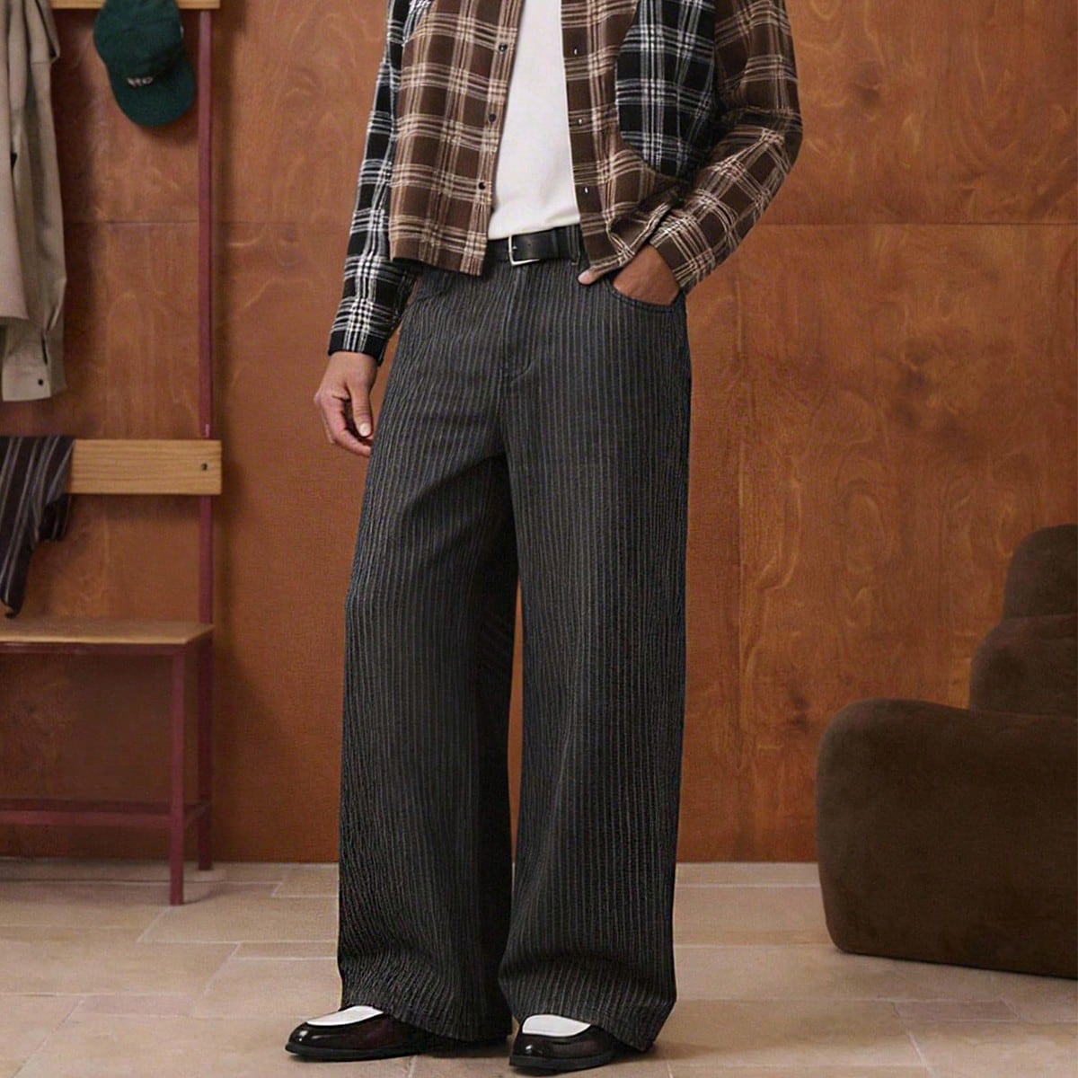 Striped Loose Waist Belt Loop Fashion Versatile Jeans, Mens Trouser