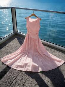 GlowEve Women's Elegant Vacation Flowy Draped Neck Ruched Waist A-Line Dress, Spring/Summer - Pink - View 1