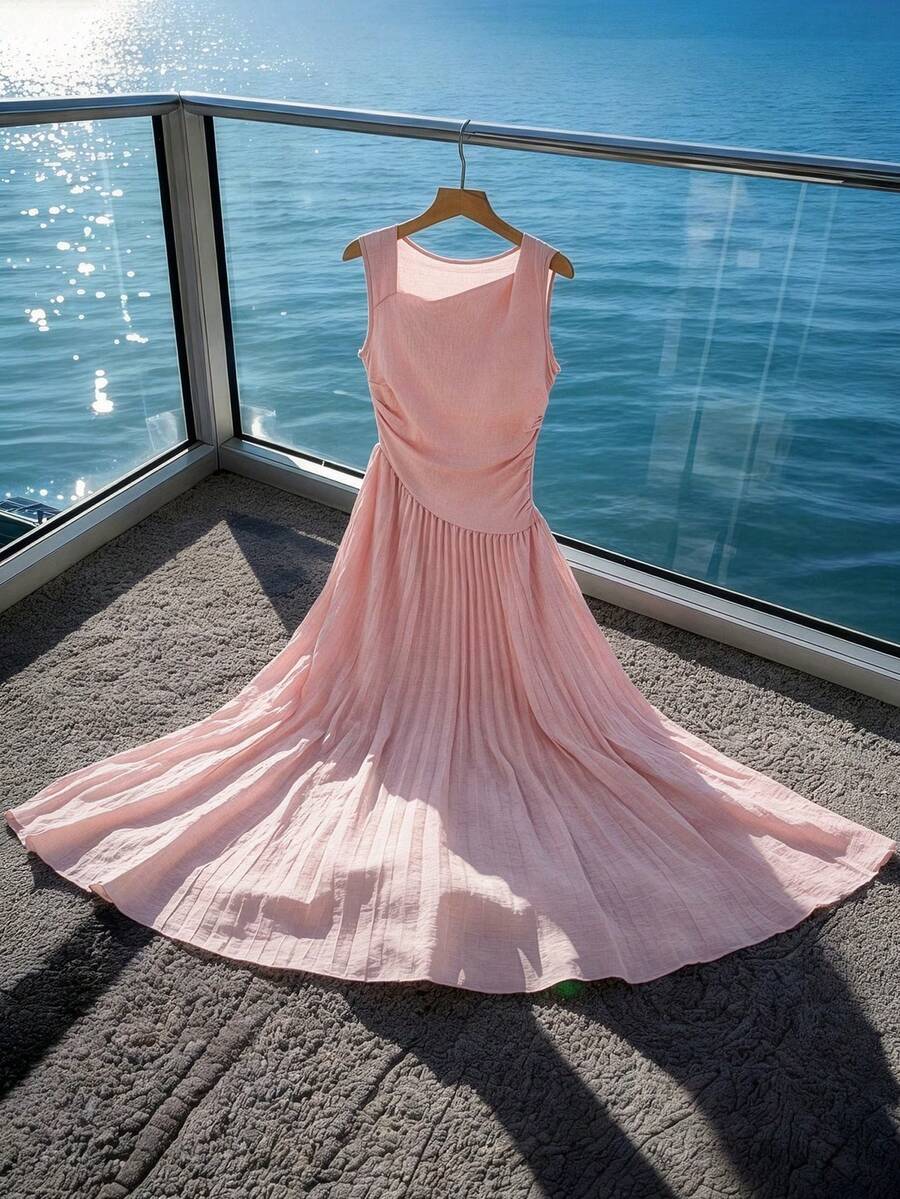 GlowEve Women's Elegant Vacation Flowy Draped Neck Ruched Waist A-Line Dress, Spring/Summer - Pink - View 1