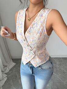 SHEIN Elenzya Camiseta sin mangas de cuello en V para mujer, primavera/verano - Multicolor - Ver 1