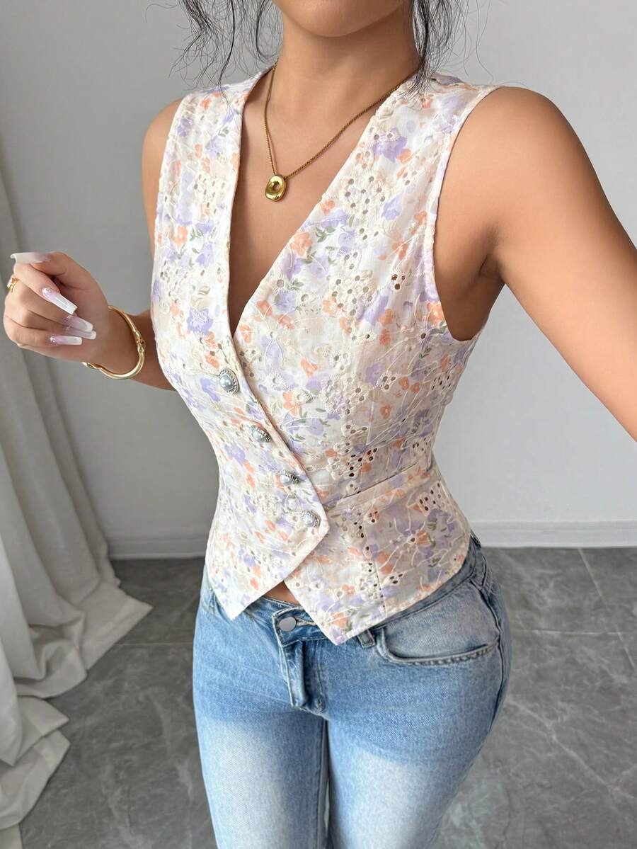 SHEIN Elenzya Camiseta sin mangas de cuello en V para mujer, primavera/verano - Multicolor - Ver 1