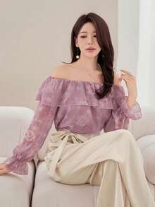 DAZY Women's Elegant Floral Off-Shoulder Ruffle Hem Blouse, Spring/Summer - Purple - View 8