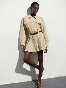 Aveloria Modichic Europäisch-amerikanischer Retro-Mode Lässig Kragen Mehrtaschen Plissee Langarm Midi Kleid - Khaki - Übersicht 3