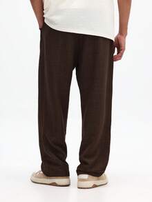 SUMWON Men Wide Leg Linen Feel Casual Pants Relaxed Fit Breathable Drawstring Trousers Brown Straight Leg Comfortable Summer Beach Vacation Elastic Waist - Brown - View 2