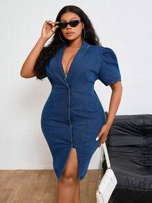 Elenzga Đầm denim co giãn màu xanh nhạt thanh lịch và thoải mái dành cho phụ nữ cỡ lớn - Rửa trung bình - Xem 3