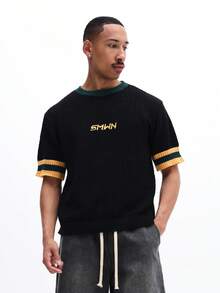 SUMWON 男士宽松落肩钩针短袖上衣，饰以黄绿条纹滚边，运动学院风 - 彩色 - 查看 2