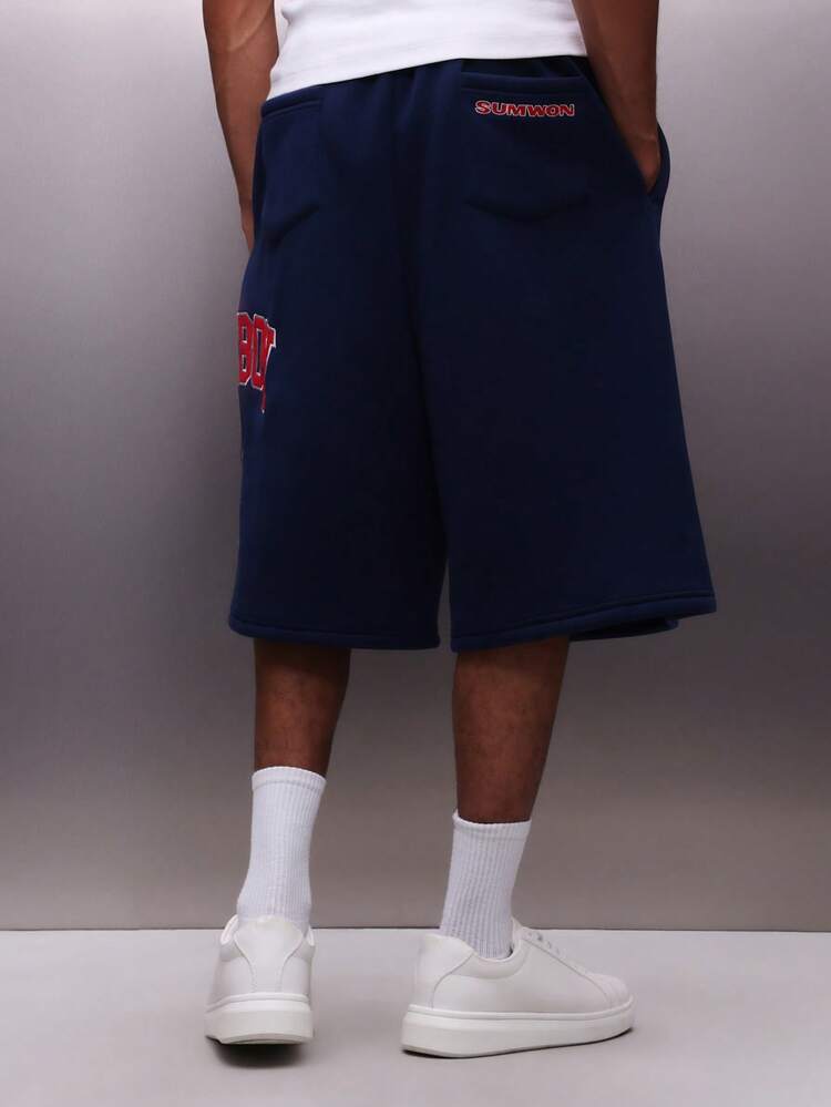 PLAYBOY X SUMWON Pantalones cortos de baloncesto de verano casuales y deportivos con cordón, bolsillos laterales y gráfico del logo del conejo en azul marino