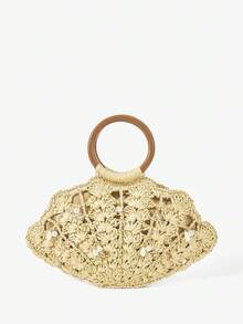 Maija 女士手提包，草编包，珍珠装饰，海洋主题饰品，时尚，优雅，简约，个性，百搭，适合海滩、度假、假日、夏季、海边、沙滩派对 - 米色 - 查看 2