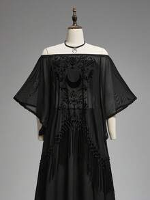 ROMWE Áo xuyên thấu trễ vai với đường viền tua rua bất đối xứng, phong cách Boho Goth màu Rừng Cấm Tối. - màu đen - Xem 2