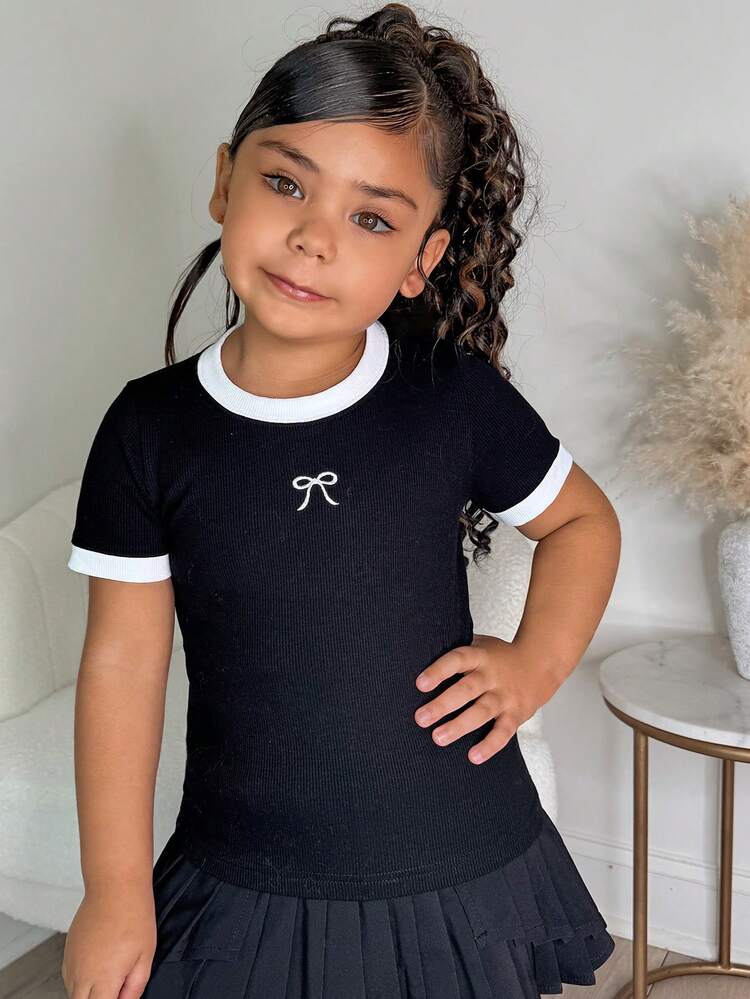 Young Girls Round Neck Knit Contrast Color Bow Embroidered Short Sleeve T-Shirt, Fall Clothes