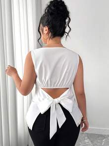 Elenzga Plus Size Women's Round Neck Sleeveless Back Tie Solid Color Lace Trim Elegant Blouse - White - View 4