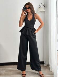 EURMUSE Women's Black Satin Two Pieces Set – Halter Peplum Top & Wide-Leg Pants - Black - View 7