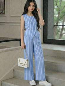 Teen GirlStriped Tank Top With Button Decor & Striped Casual Pants Set - Blue - View 3