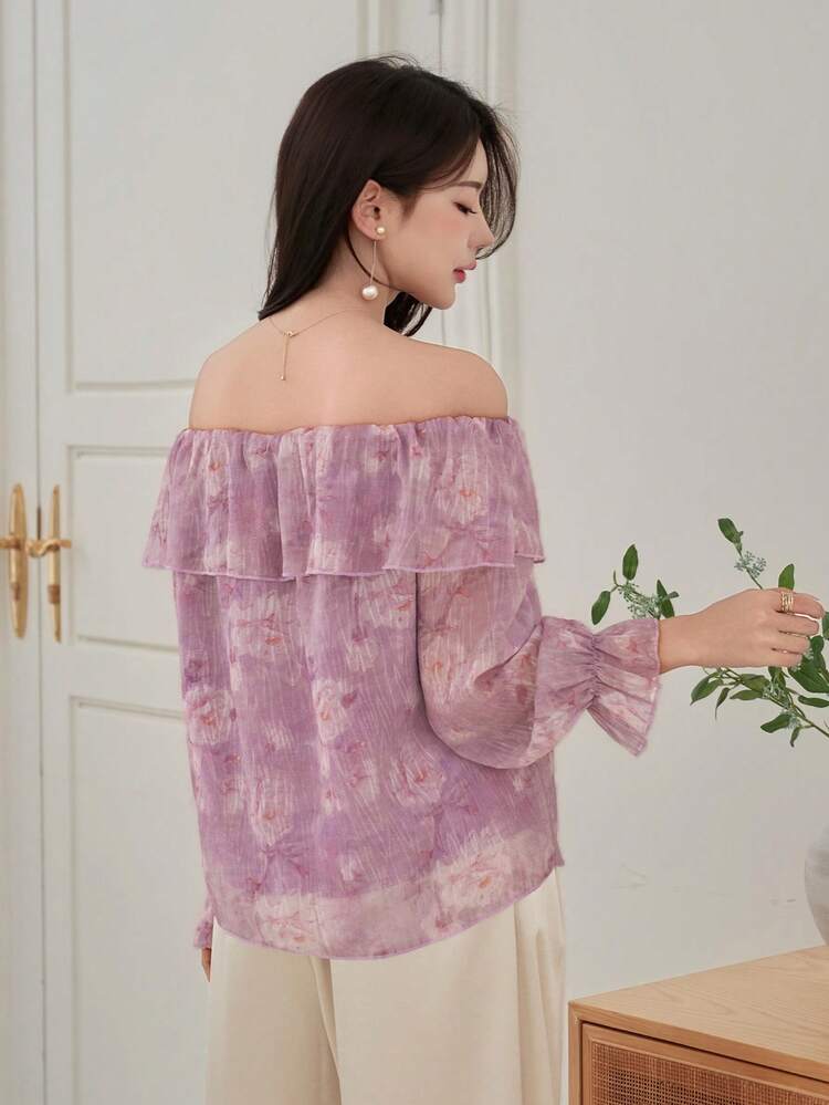 Women's Elegant Floral Off-Shoulder Ruffle Hem Blouse, Spring/Summer Boho
