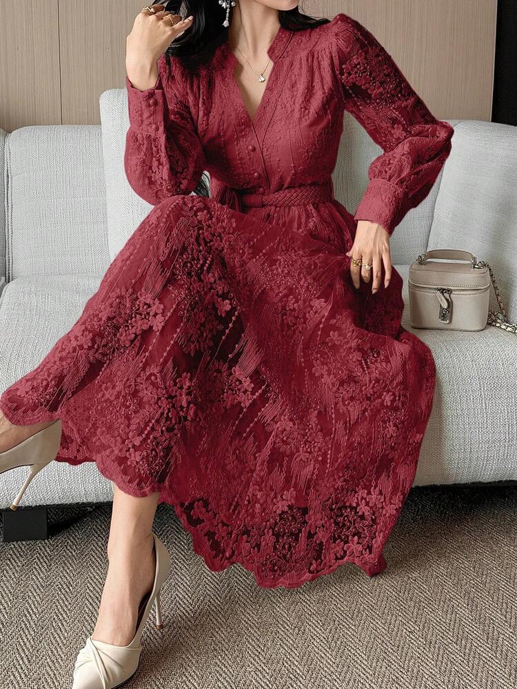 Women's Elegant Lace Collar Belted Mid-Length Dress, Spring/Summer Sundress