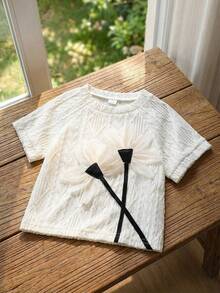 SHEIN Young Girl' Fashion Casual Lace Fabric 3D Floral Decor Round Neck Short Sleeve T-Shirt,Kids - White - View 5