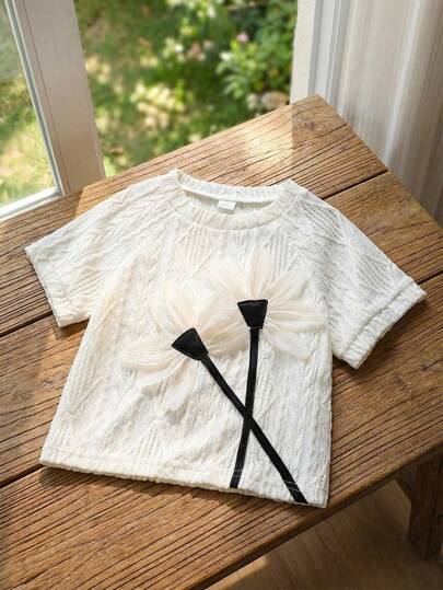 SHEIN Young Girl' Fashion Casual Lace Fabric 3D Floral Decor Round Neck Short Sleeve T-Shirt