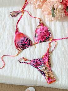 Swim Mod Springbreak Women Beachwear Summer Outfits, Random Print Halter Metal Decor Sexy Bikini Set - Multicolor - View 4