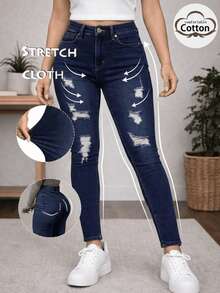 Jeans skinny tiro alto mezclilla stretch roto casual urbano ajustado temporada primavera verano - Azul - Ver 1