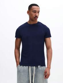 SUMWON Áo thun nam cotton gân màu xanh hải quân, tay ngắn, cổ tròn, dáng regular fit, thích hợp mặc hàng ngày, kiểu dáng cổ điển, cơ bản cho mùa hè và mùa xuân. - Màu xanh hải quân - Xem 1