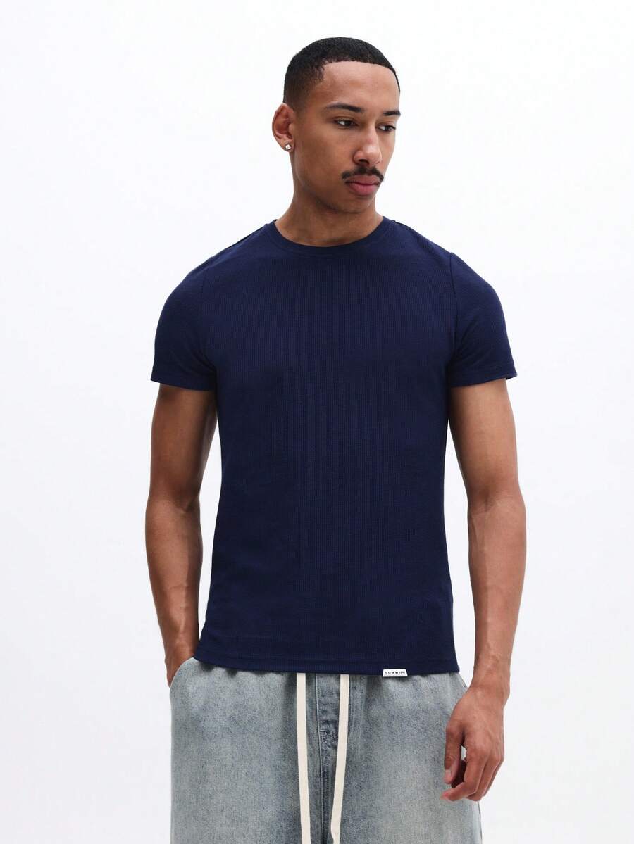 SUMWON Áo thun nam cotton gân màu xanh hải quân, tay ngắn, cổ tròn, dáng regular fit, thích hợp mặc hàng ngày, kiểu dáng cổ điển, cơ bản cho mùa hè và mùa xuân. - Màu xanh hải quân - Xem 1