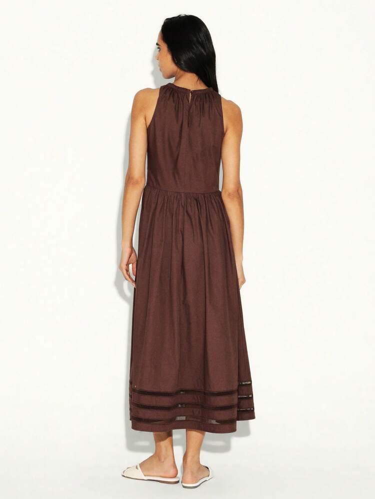 KSTM Halter Neck Midi Dress With Gathered Neckline And Sheer Mesh Panel Hem Detail