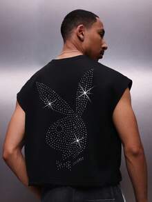 PLAYBOY X SUMWON 男士无袖背心，后背饰有水钻图案，休闲夏季街头服饰 - 黑色 - 查看 1