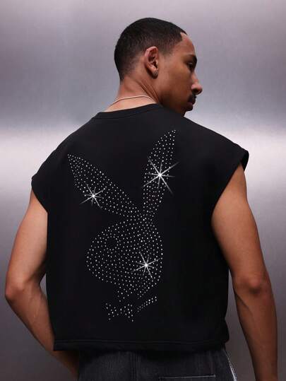 PLAYBOY X SUMWON 男士无袖背心，后背饰有水钻图案，休闲夏季街头服饰