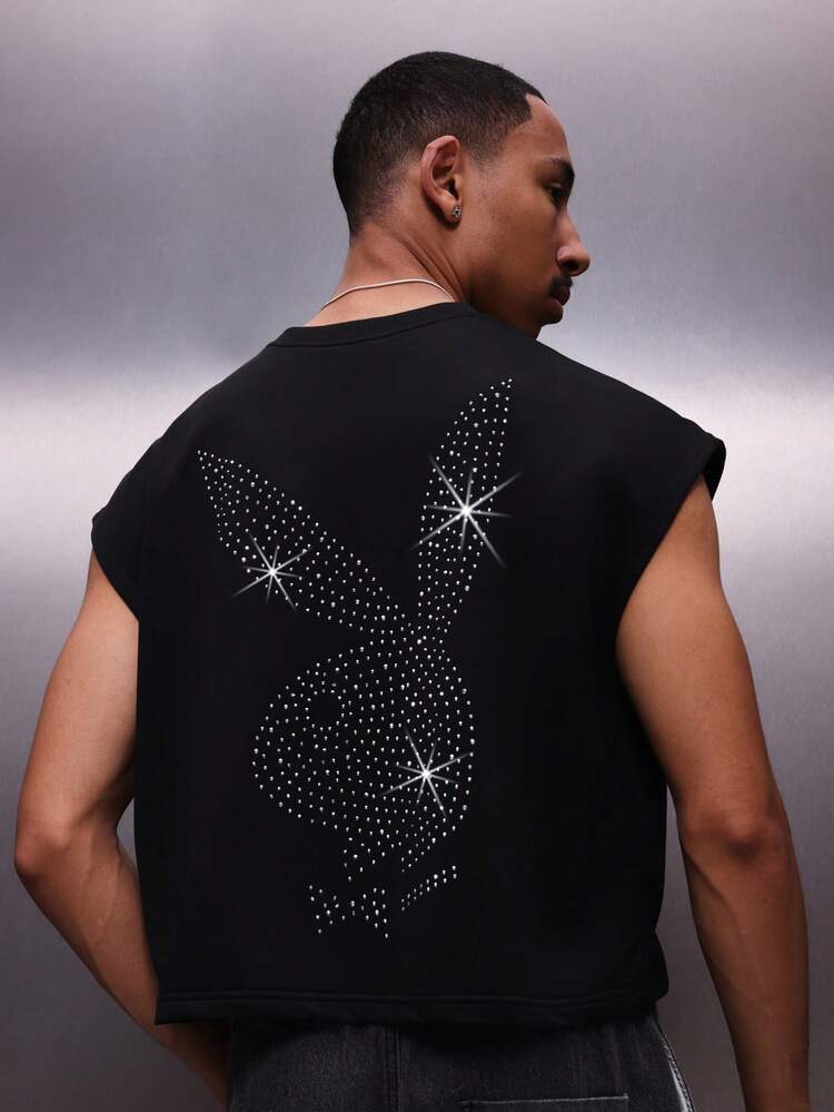 PLAYBOY X SUMWON Canotta da uomo senza maniche con grafica sul retro con strass, casual, abbigliamento da strada estivo