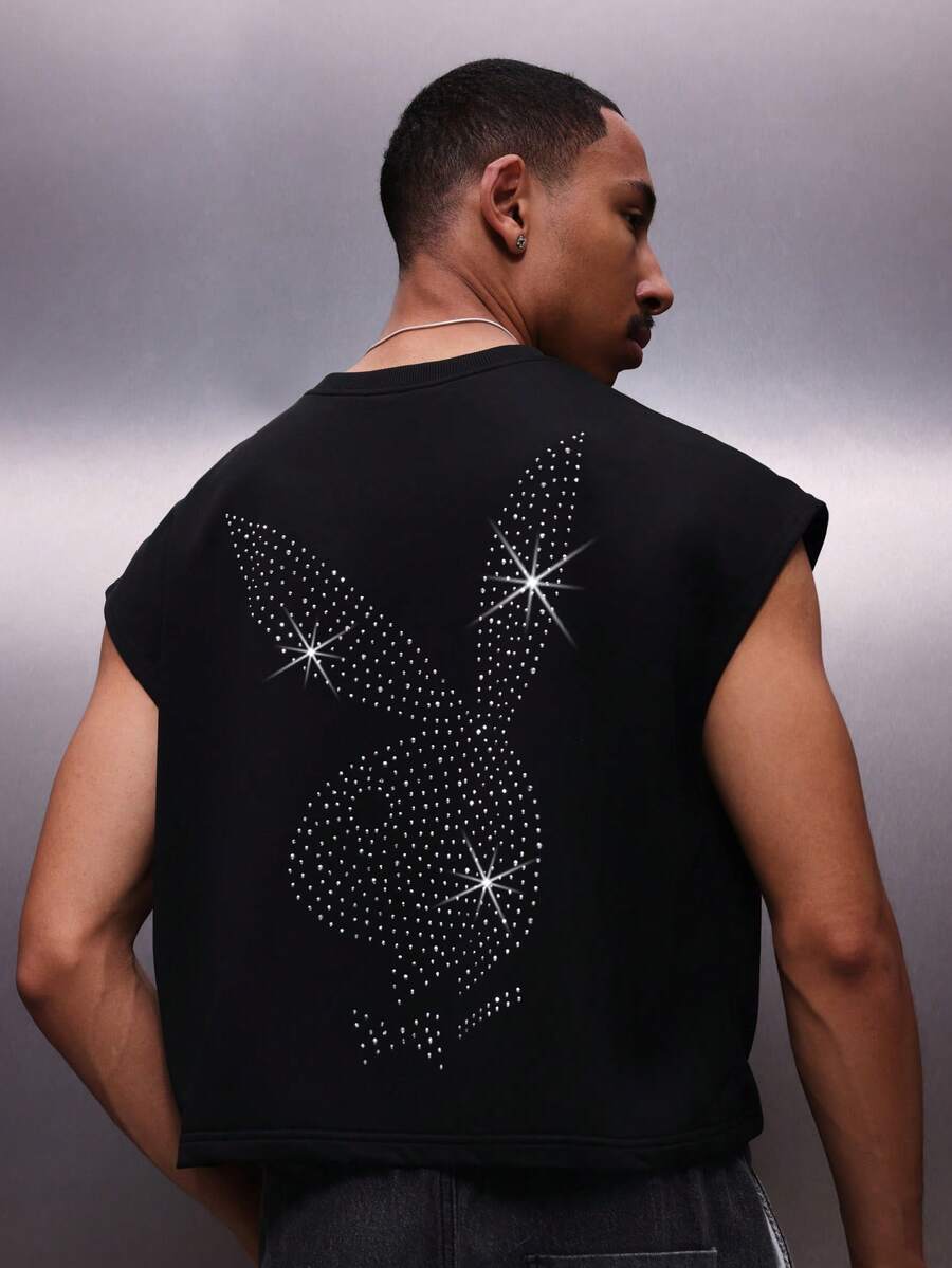 PLAYBOY X SUMWON 男士无袖背心，后背饰有水钻图案，休闲夏季街头服饰 - 黑色 - 查看 1