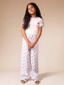 SUMWON 少女草莓印花圆领T恤和阔腿裤套装，夏季休闲装，格纹图案 - 白色 - 查看 1