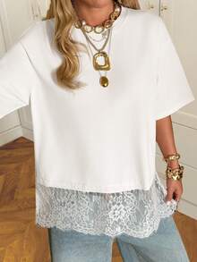 SHEIN EZwear Áo thun nữ tay ngắn cổ tròn màu trơn, kiểu dáng thường ngày, đa năng. - trắng - Xem 5