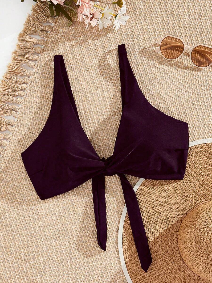 Swim Vcay Plus Size Solid Color Tie Front Swimwear Top - Red Violet - View 1
