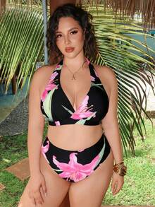 Swim Oasis 大码女式三件套性感吊带随机数码印花沙滩/泳池休闲优雅泳装套装 - 彩色 - 查看 3
