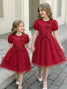 Girls' Elegant Bowknot Decor Dress With Belt, Summer - Red - View 3