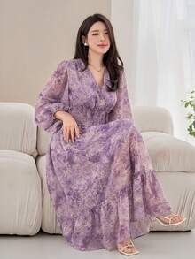 DAZY 女士优雅印花褶皱中长连衣裙，春夏款 - 紫色 - 查看 1