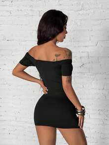 StreetHx Women's Off Shoulder Hollow-Out Bodycon Eyelet Black Short Knit Mini Dress - Multicolor - View 2