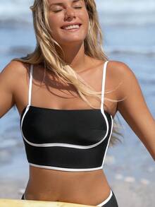 Swim SPRTY 女士纯色简约休闲夏季沙滩运动冲浪泳衣上装，黑白泳衣收腹泳衣，情人节女士泳衣上装 - 黑色 - 查看 5