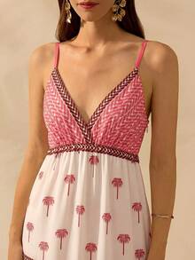 CAJUNI Vestido de mujer estilo boho con estampado tropical de árbol de coco, escote en V y tirantes finos, vestido casual de playa para vacaciones de verano - Multicolor - Ver 3
