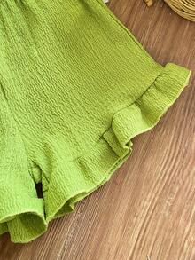 SHEIN Vintaside Kids 女童（小号）针织提花象牙色荷叶边吊带背心和粉色荷叶边短裤套装，可爱迷人的宝宝夏季服装 - 綠色 - 查看 7