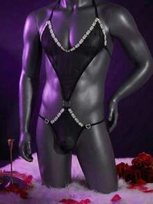 WENEZON Áo hai dây ren khoét lỗ gợi cảm dành cho nam, nội y đính đá, dây chuyền đính đá, bộ nội y đính đá, đồ lót đính đá. - màu đen - Xem 3