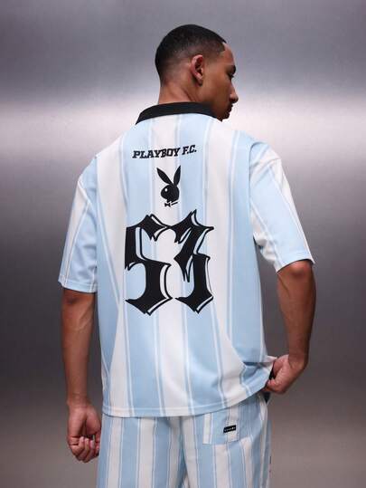 PLAYBOY X SUMWON Football Club Light Blue Vertical Striped Polo Shirt With Logo Print And Black Collar Regular Fit Short Sleeve Sports Jersey Style
