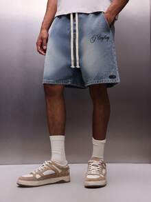 PLAYBOY X SUMWON Men's Vintage Washed Denim Pull On Shorts With Drawstring Waistband Text Print Casual Summer Bermuda Style - Blue - View 1