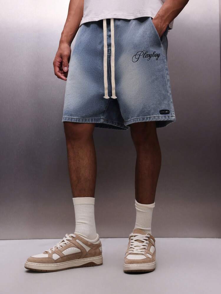 PLAYBOY X SUMWON Men's Vintage Washed Denim Pull On Shorts With Drawstring Waistband Text Print Casual Summer Bermuda Style