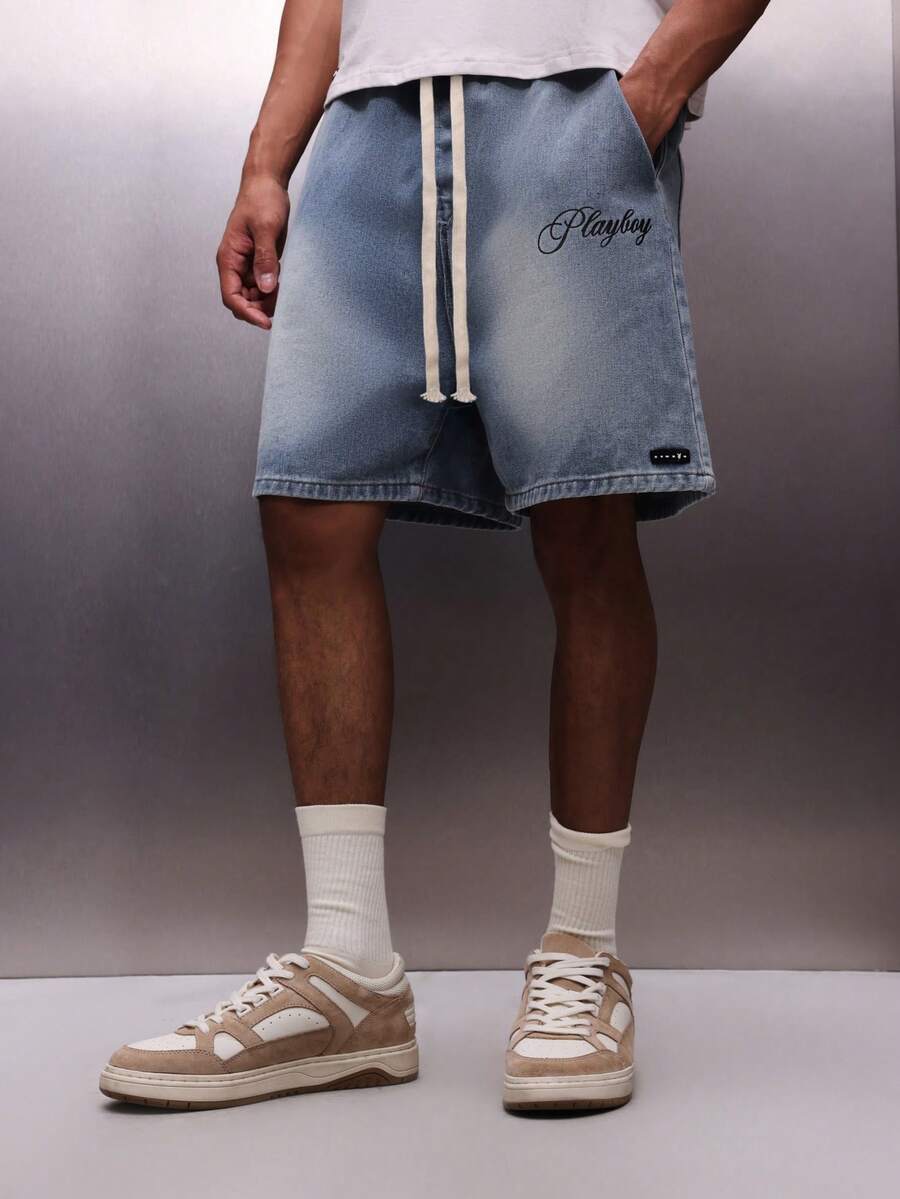 PLAYBOY X SUMWON Men's Vintage Washed Denim Pull On Shorts With Drawstring Waistband Text Print Casual Summer Bermuda Style - Blue - View 1