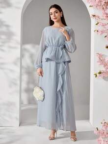 Solavon 女士优雅通勤纯色3D立体花卉缎带装饰灯笼袖上衣和半裙两件套 - 淺藍色 - 查看 6