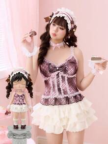 ROMWE Kawaii Women's Cute Lace Trim Bow Plaid Camisole - Pink - View 1